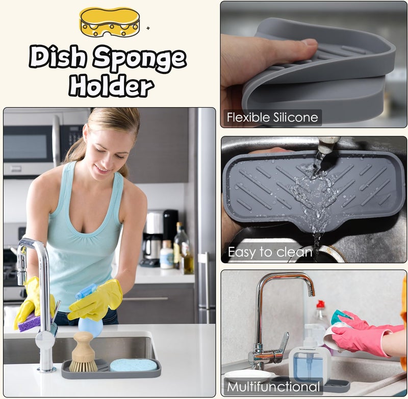 YASMEN Silicone Bathroom Soap Dishes, Sponge Holder for Kitchen Sink, Shower Soap Holder with Drain, Soap Dispenser Tray, Soap Dish for Bar Soap, Soap Bottle, Cup, Sink or Counter Organizer - Gray 9"" x 4"" - Image 4